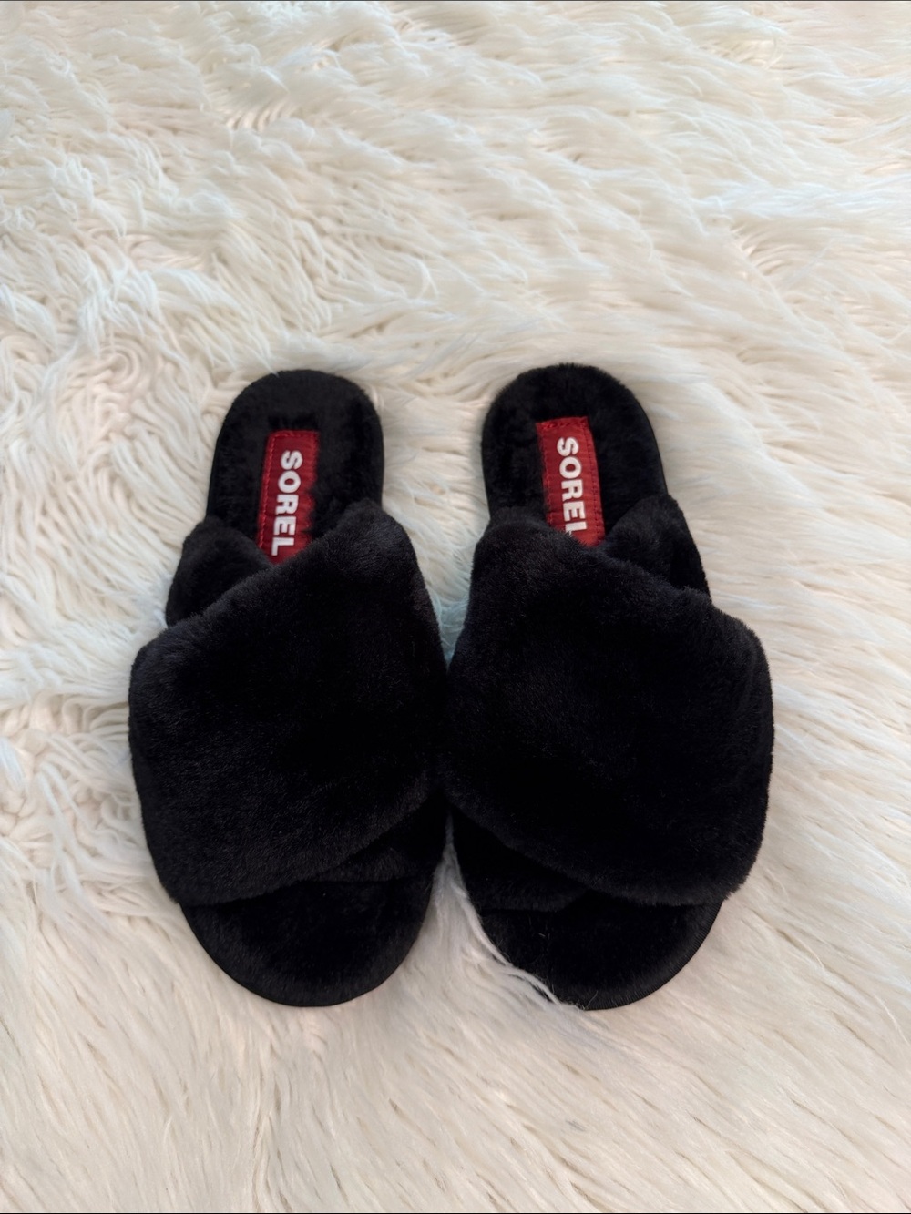 Sorel Black Plush Crossover Slide Slippers size 7 BNWOT see all photos
